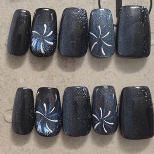 Handmade Glittery Navy Blue Press-On Nail Set with White Swirl Accent